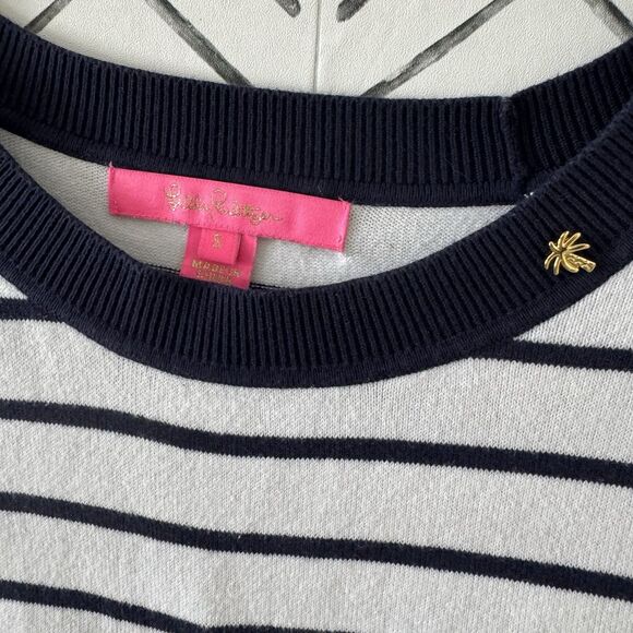 Lilly Pulitzer Dasha Sweater True Navy White Stripe Size Small Fringe Resort - Picture 2 of 9